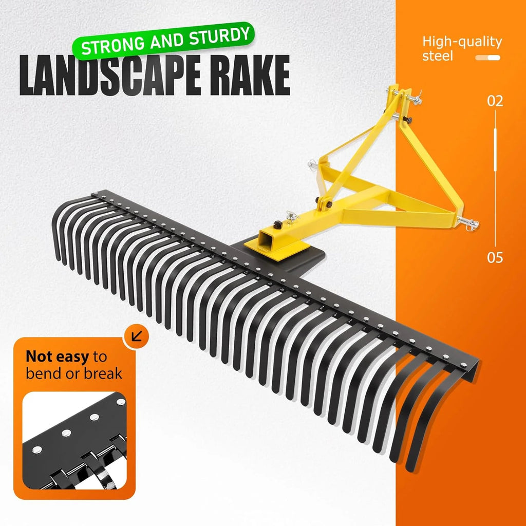 KOJEM 60In Landscape Rake 3 Point Rake 360 Degree Rotation Compatible with Category 1 Cat1 Compact Tractors Tow-Behind Garden Tool for Garden Farm Clearing Brush Raking Arenas 2 Package Yellow