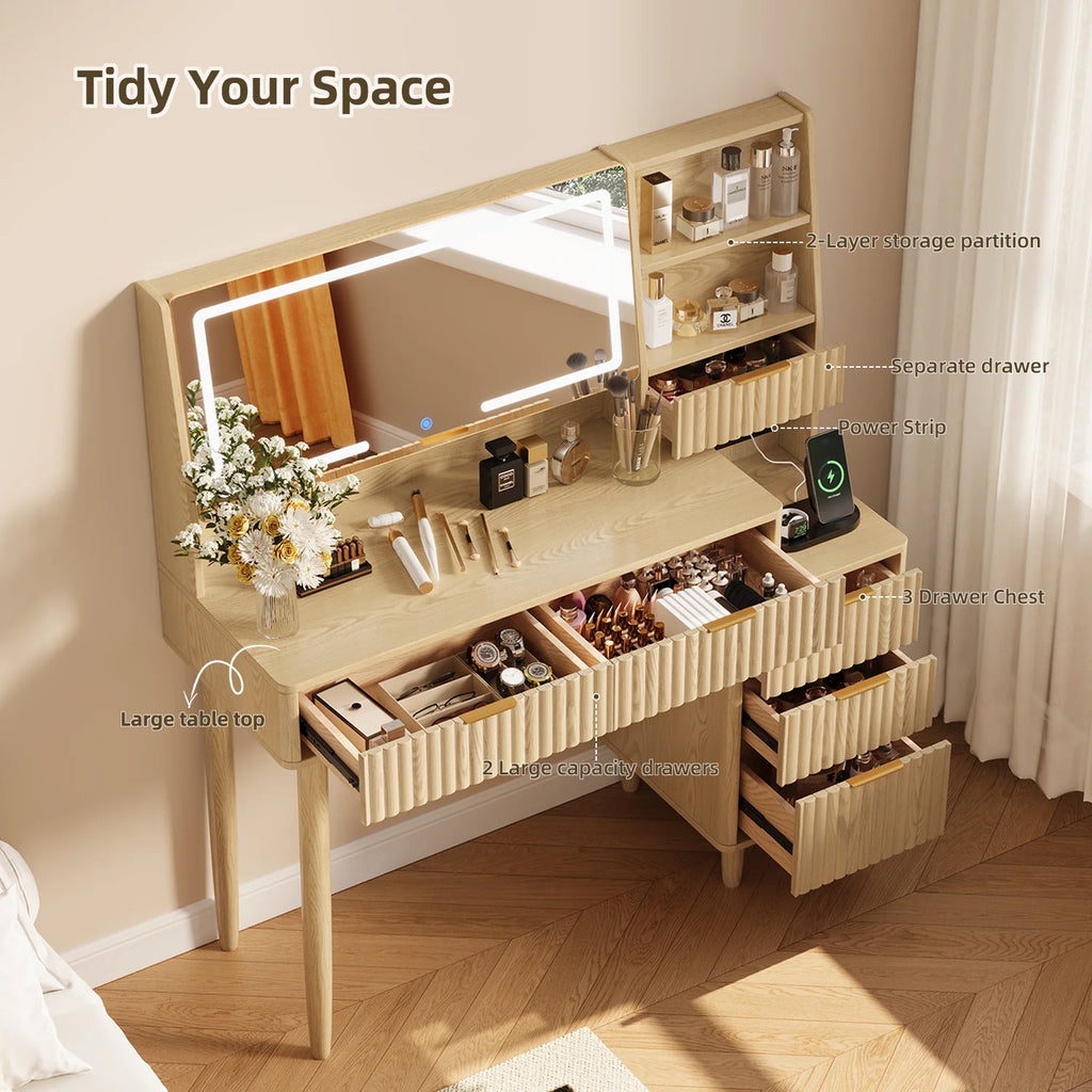 UGTOO 45.2" Modern Vanity Desk with LED Mirror & USB Charging, Wood Makeup Dressing Table with 7 Drawers for Bedroom