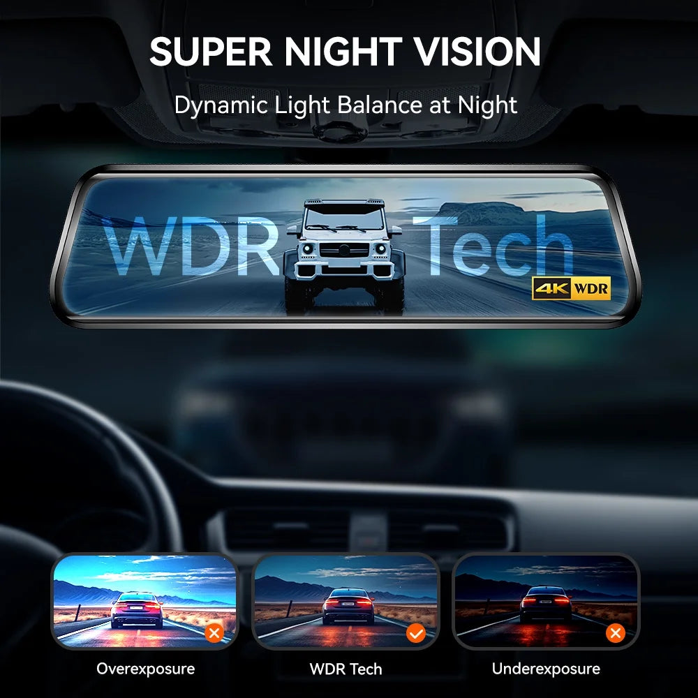 WolfBox 10" Touch Screen Dash Cam Front and Rear, 4K+1080P Rear View Mirror Backup Car Camera with Night Vision, GPS, Free 64GB Card