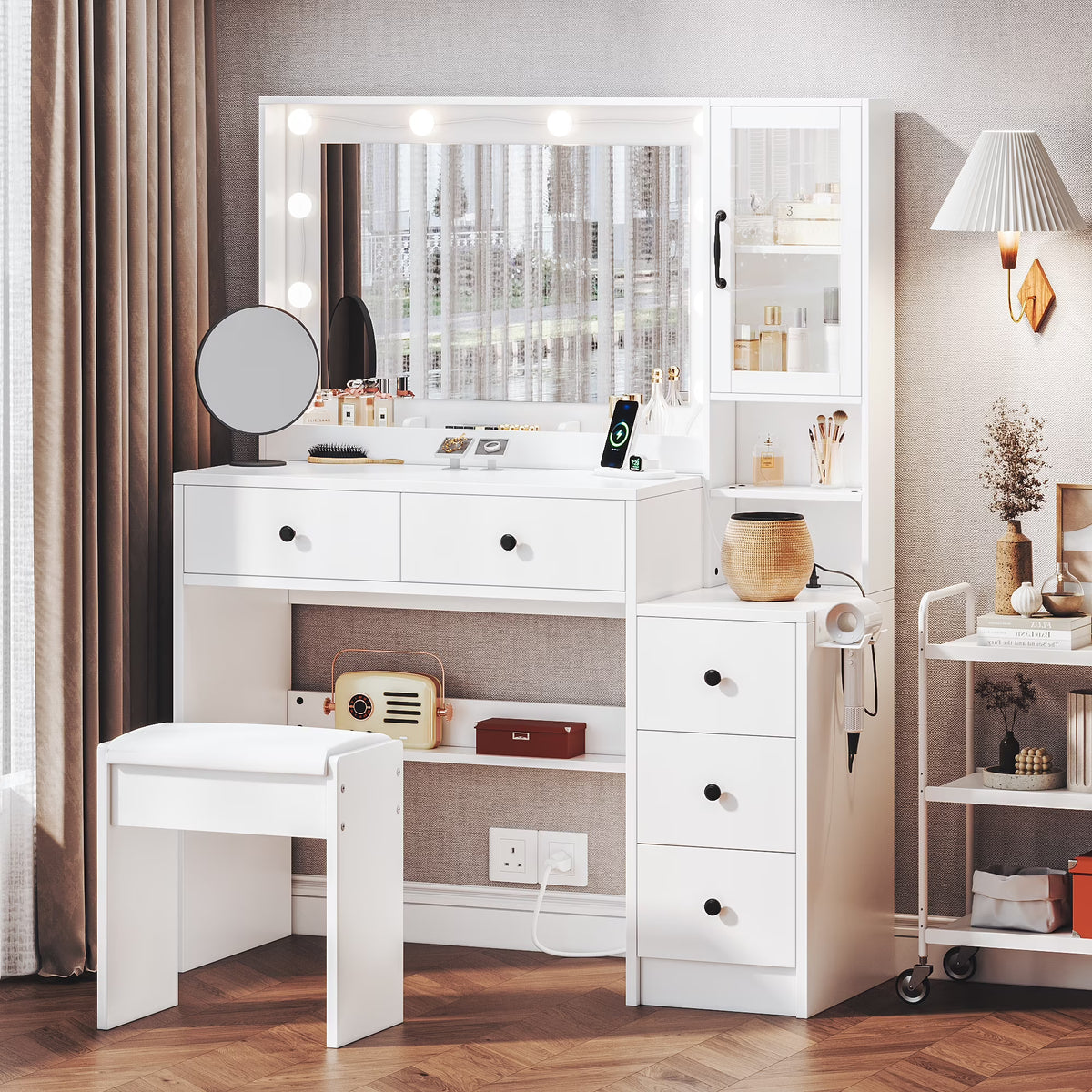 UGTOO 58.3" White Vanity Desk with Mirror, Adjustable Lighting, Power Outlet, Drawers, with Stool
