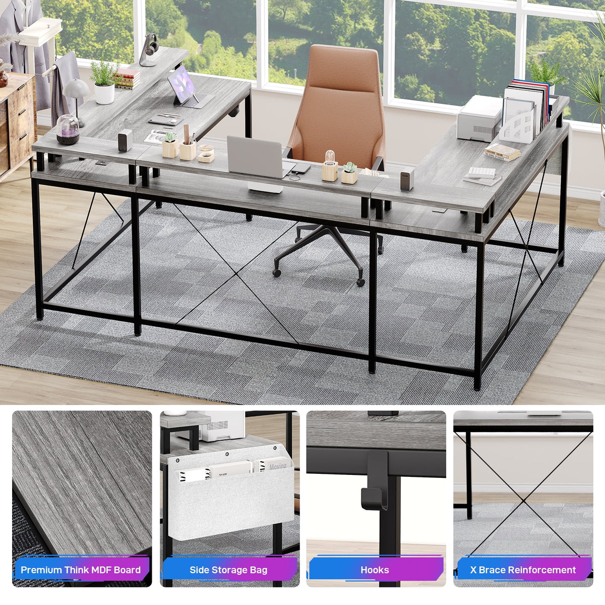 Yesfashion U Shaped Computer Gaming Desk, Reversible L Shaped Desk with Power Outlets, LED Strip & Monitor Stand, Large Corner Desk with Storage Shelves