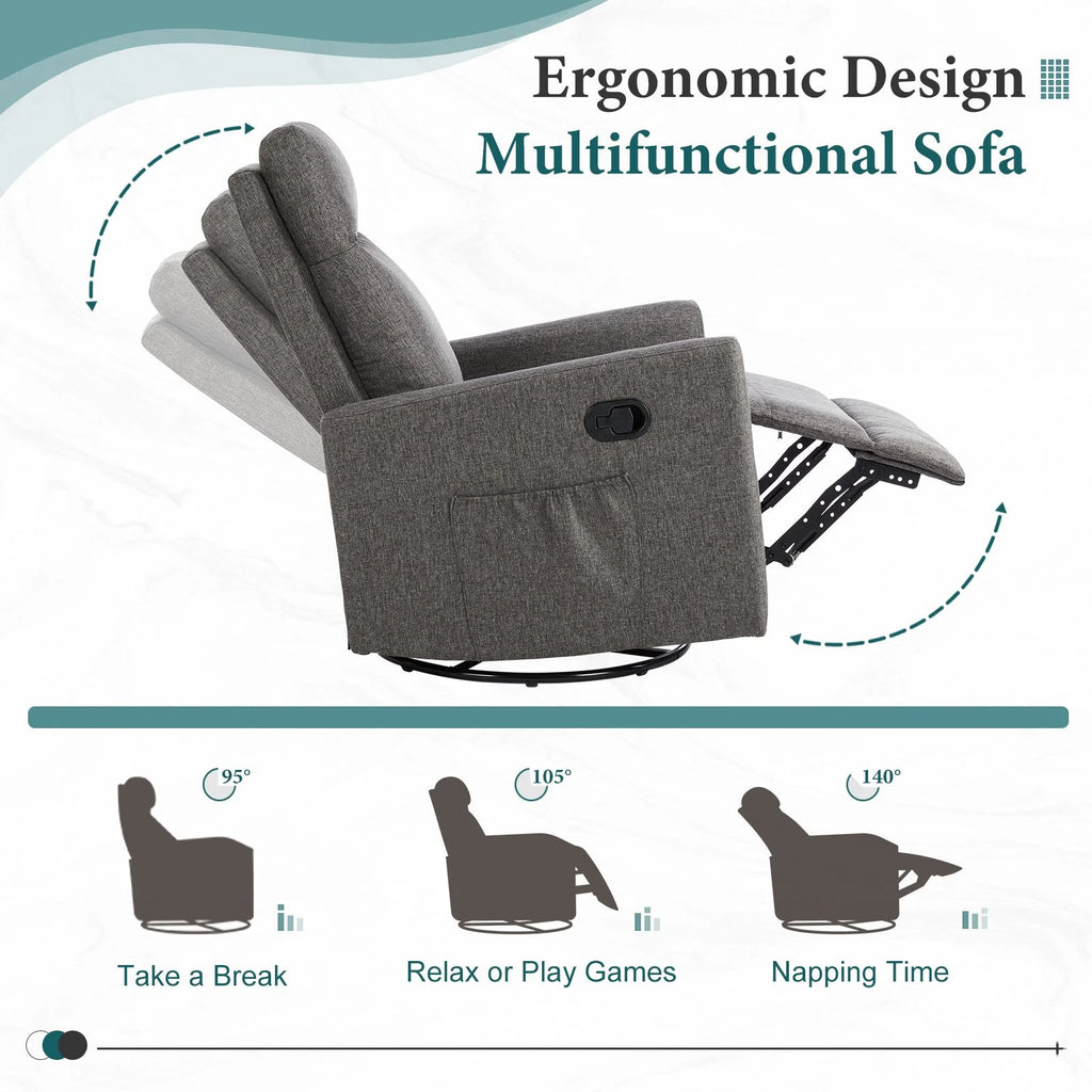 Recliner Message Chair with Footrest, Swivel Rocking Glider, High Back Upholstered Deep Seat for Living Room, Grey