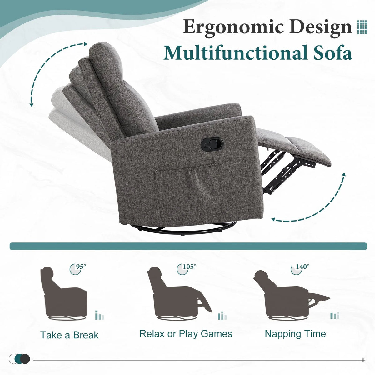 Recliner Message Chair with Footrest, Swivel Rocking Glider, High Back Upholstered Deep Seat for Living Room, Grey