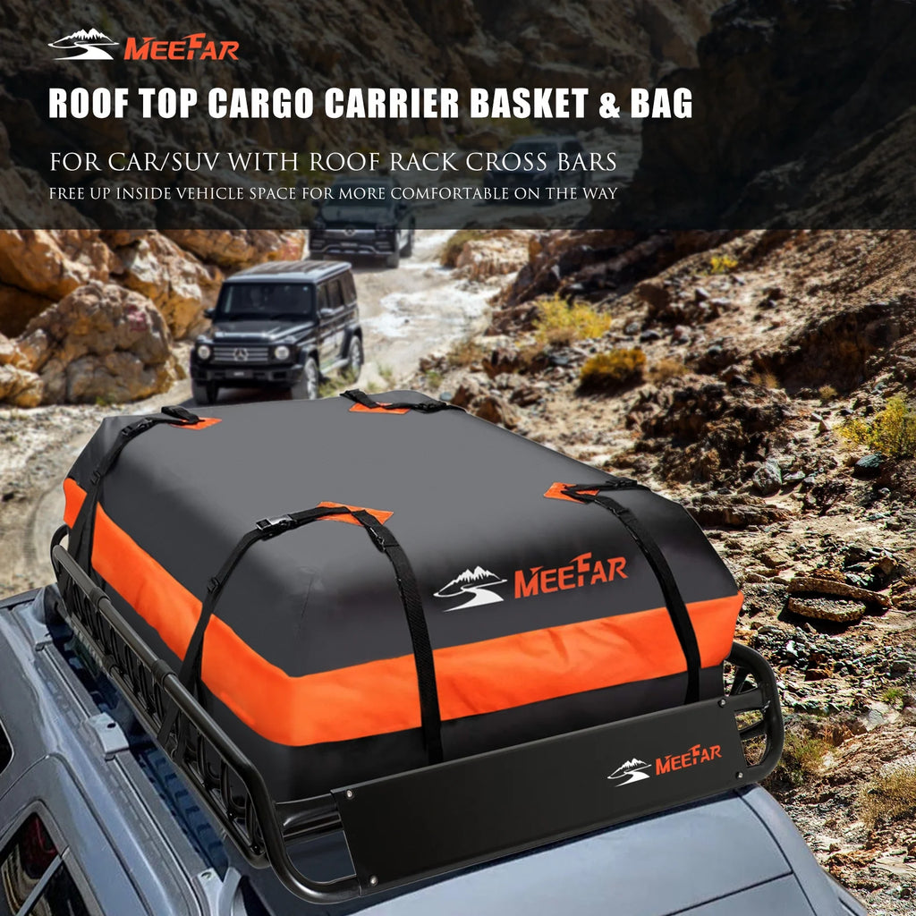 MeeFar Universal Rooftop Roof Rack Steel Cargo Carrier Basket Size 51" X 36" X 5" + Soft Shell Waterproof Cargo Bag 15 Cu.ft (44" 34" 17") Combo