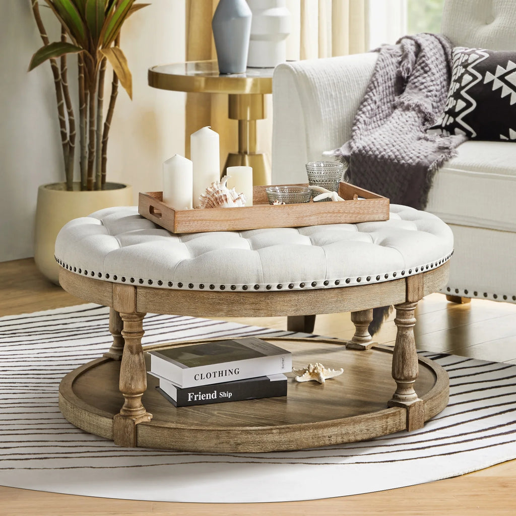 36'' Wide Blue Round Large Ottoman Tufted Coffee Table with Storage Wood Legs Home Living Room