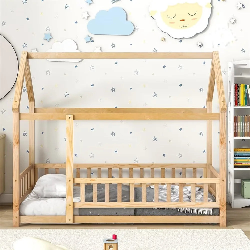 Twin Size House Bed for Boys and Girl, Wooden Canopy Bed Tent Bed, Playhouse Design Bed Frame with Full-lenth Guardrail, Bedroom Furniture, 79.5��L x 44.8��W x 66.2��H, White
