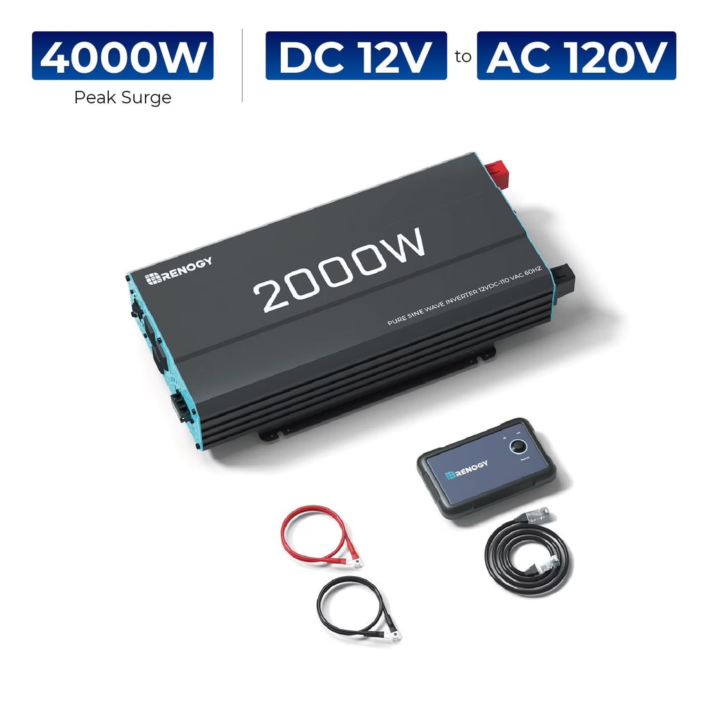 Renogy 2000W Pure Sine Wave Inverter, Power Inverter DC 12V to AC 120V, Built-in 5V/2.1A USB / Hardwire Port, Remote Controller