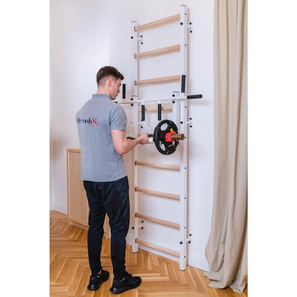 BenchK 733 White Wall bars with convertible steel 6-grip pull-up bar that can also be used as a barbell holder, dip bar with back support and advanced workout bench