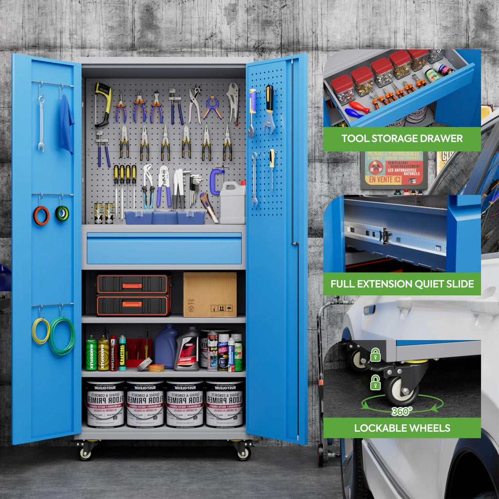 SUPEER 71" Metal Storage Cabinets with Wheels and Pegboards, Industrial Cabinet with 2 Drawers and 2 Adjustable Shelves,, Assembly Required