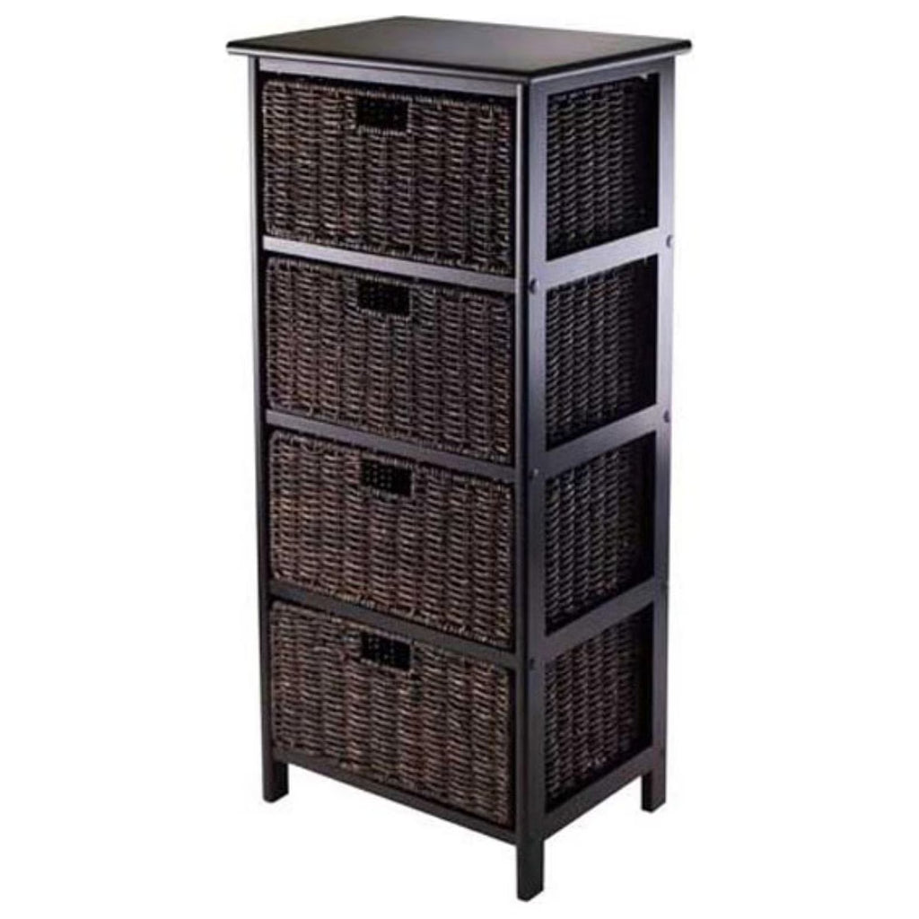 Winsome Wood Omaha Storage Rack, 4 Foldable Chocolate Baskets, Black Finish
