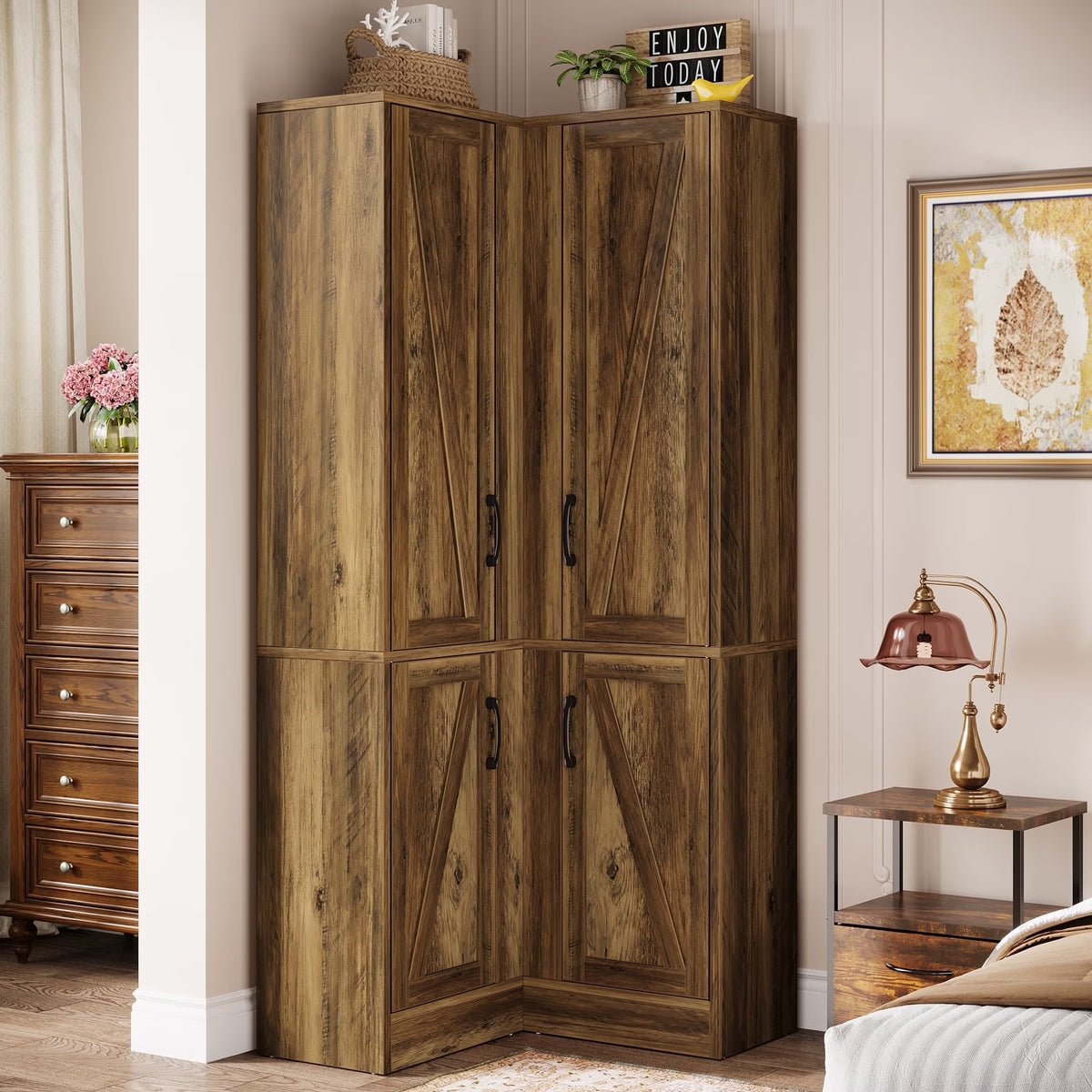 Tribesigns 70.8" Tall Corner Cabinet, Farmhouse Storage Cabinet with 4 Doors & 5 Storage Shelves