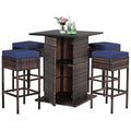 Kadyn Patio Conversation Table Chair Set, Outdoor Collection Set, 5 Pieces Patio Rattan Bar Table Stool Set Hidden Storage Shelf Cushioned-Navy