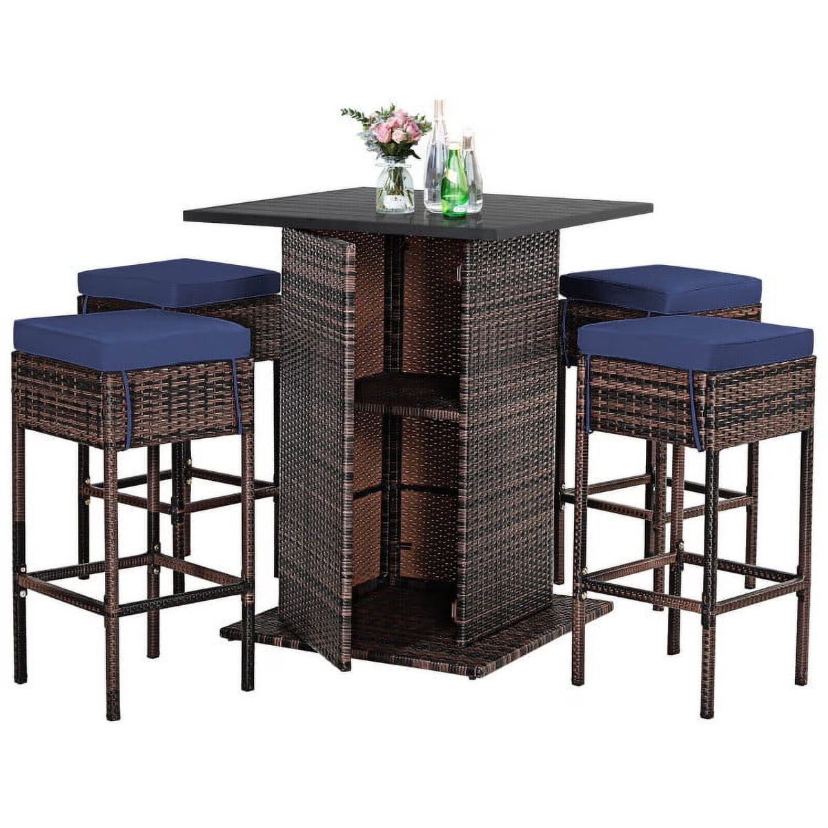 Kadyn Patio Conversation Table Chair Set, Outdoor Collection Set, 5 Pieces Patio Rattan Bar Table Stool Set Hidden Storage Shelf Cushioned-Navy