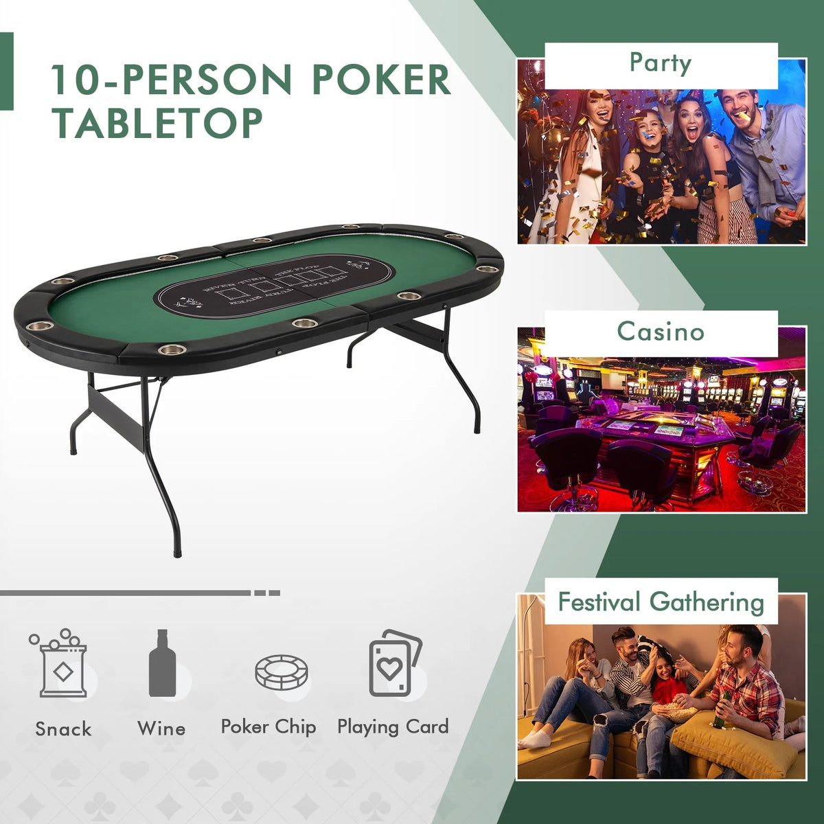Costway Foldable, USB Ports, Led Lights 10 Player Poker Table, Blue/Black