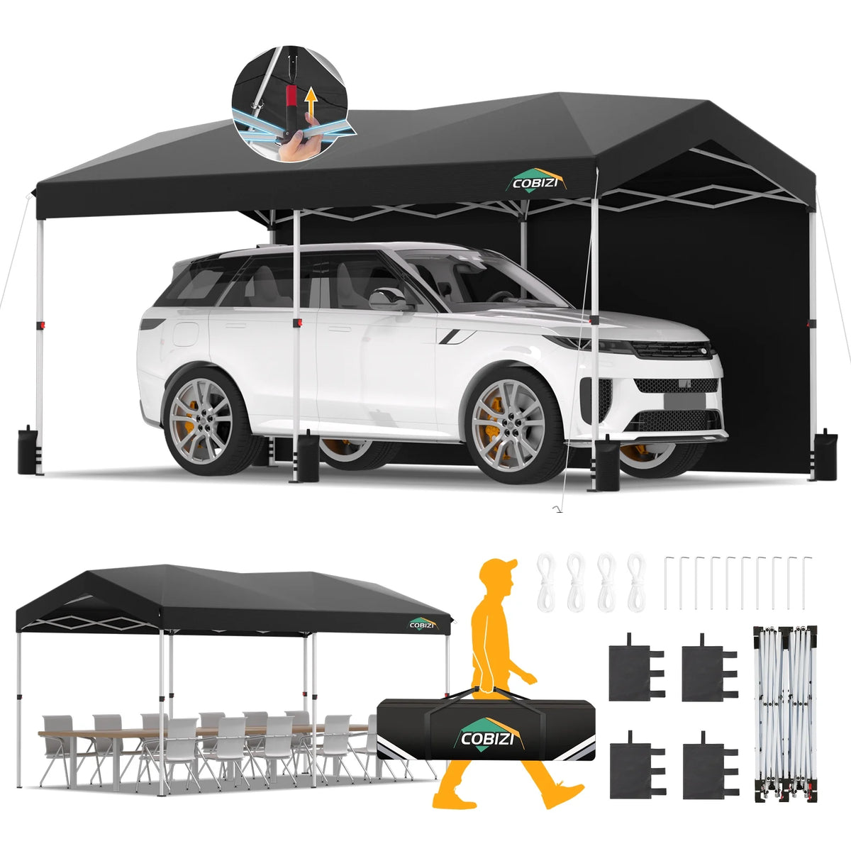 Hoteel Carport Canopy 10x20 Pop Up Shelter with Instant 1-Button Push Center Lock, UV Resistant All-Weather Cover with 2 Sidewalls, Heavy Duty Waterproof Canopy Tent for Cars, Trucks, Boats, White
