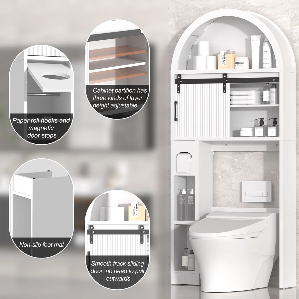 HARIPUL Over The Toilet Storage Cabinet w/ Unique Wood Grain & Arc Design, Freestanding Bathroom Shelf Organizer Space Saver w/ Doors & Anti-Tip Device, Wood Color
