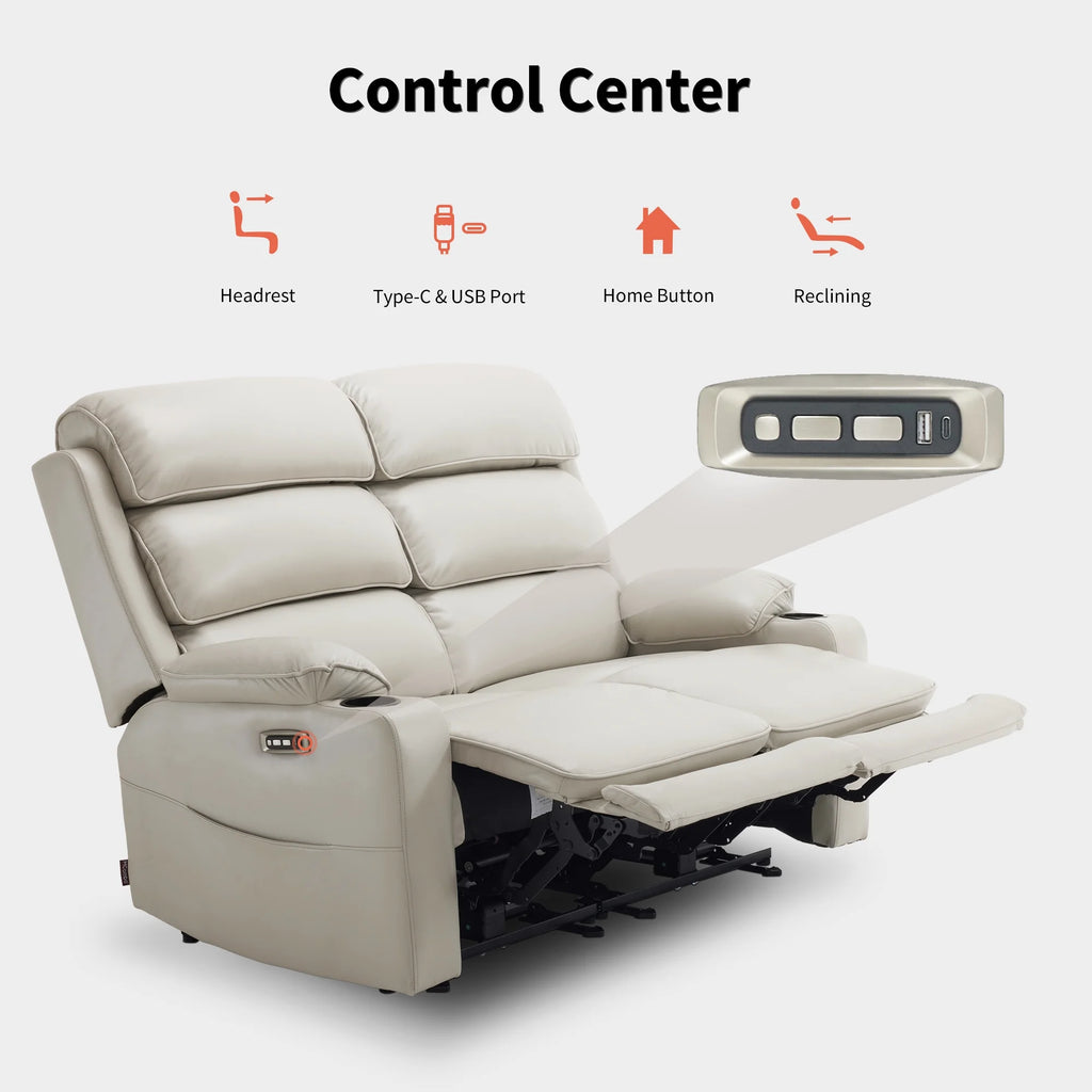 MCombo 63.4" Power Loveseat Recliner Sofa with Adjustable Headrest, Heat and Massage for Living Room, Faux Leather(Light Grey)