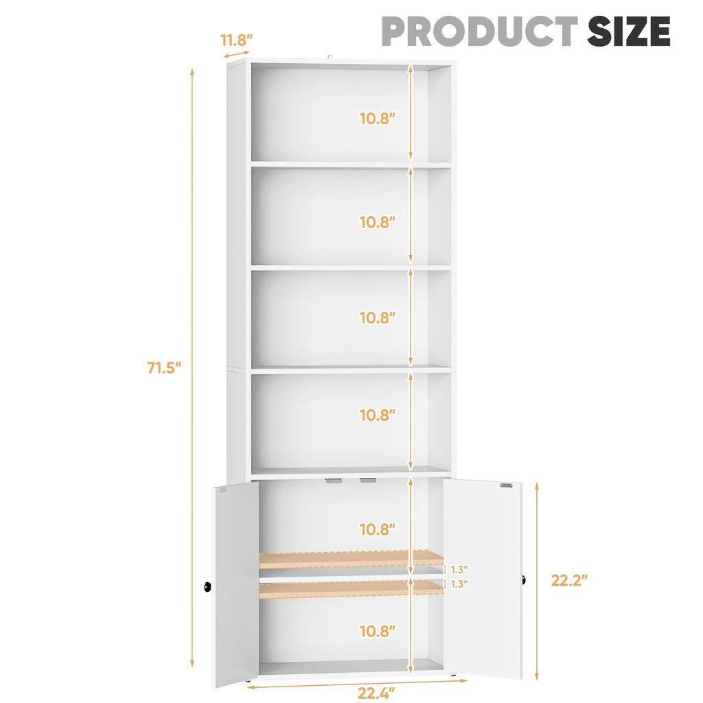 Furmax 1 Piece 4-Shelf Farmhouse Bookcases 4-Tier Bookshelf with Adjustable Shelves&Doors,Storage Cabinet for Home Living room,Kitchen,Office,White