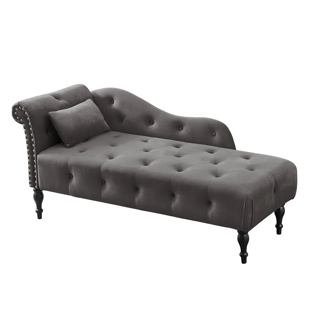 Chaise Lounge Chair, 60.6" Velvet Button Tufted Upholstered Lounge Couch with Solid Wood Legs and Pillow Elegant Couch Sleeper with Nailhead Trim & Armrest Chaise Lounge Indoor for Living Room, Grey