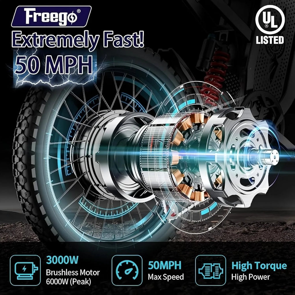 40MPH Electric Bicycle,Dual-Mode Electric Dirt Bike 3000W(Peak)Freego Nova3 Electric Motorcycle Bike for Adults,Mid-Drive Motor, 60V/25Ah Battery,17x3.15 Tire Full Suspension Hydraulic Brake