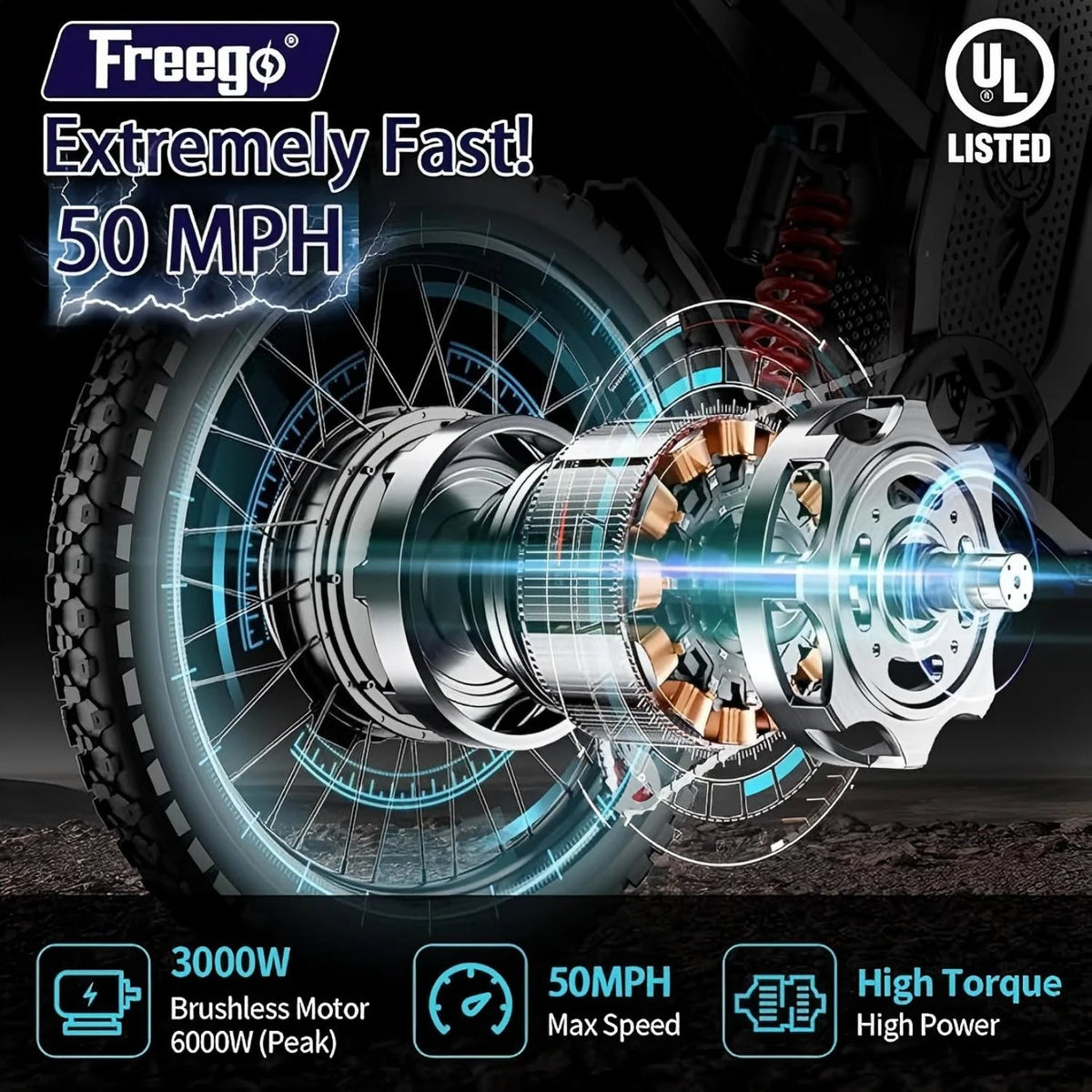 40MPH Electric Bicycle,Dual-Mode Electric Dirt Bike 3000W(Peak)Freego Nova3 Electric Motorcycle Bike for Adults,Mid-Drive Motor, 60V/25Ah Battery,17x3.15 Tire Full Suspension Hydraulic Brake