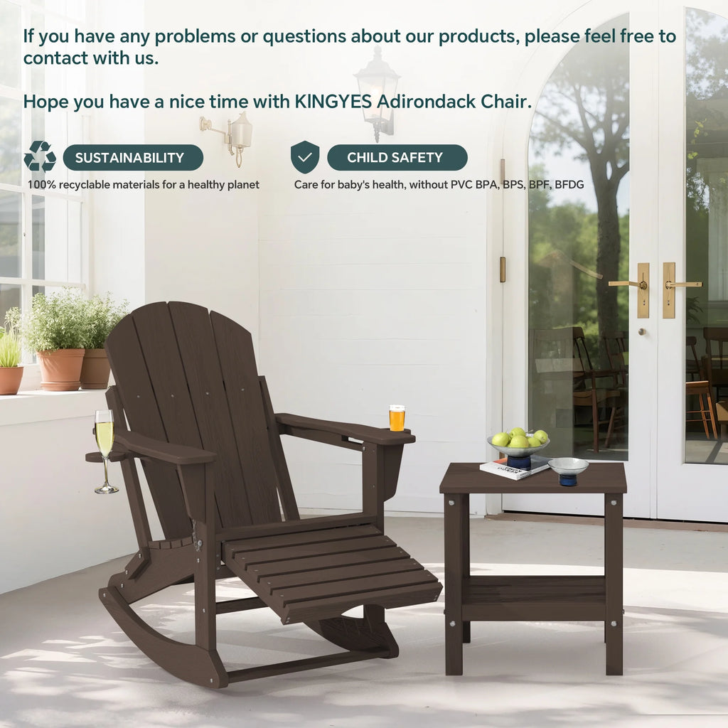 KINGYES Folding Adirondack Rocker Chair Set of 2 W/ Footrest & Dual Cup Holders, HDPE Outdoor Patio Rocking Chair, Black
