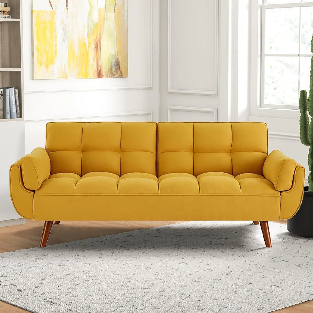 Mydepot Convertible Futon Sofa Bed, Adjustable Couch Sleeper Modern Fabric Recliner Reversible Loveseat Folding Daybed Guest Bed, Armrests, Yellow