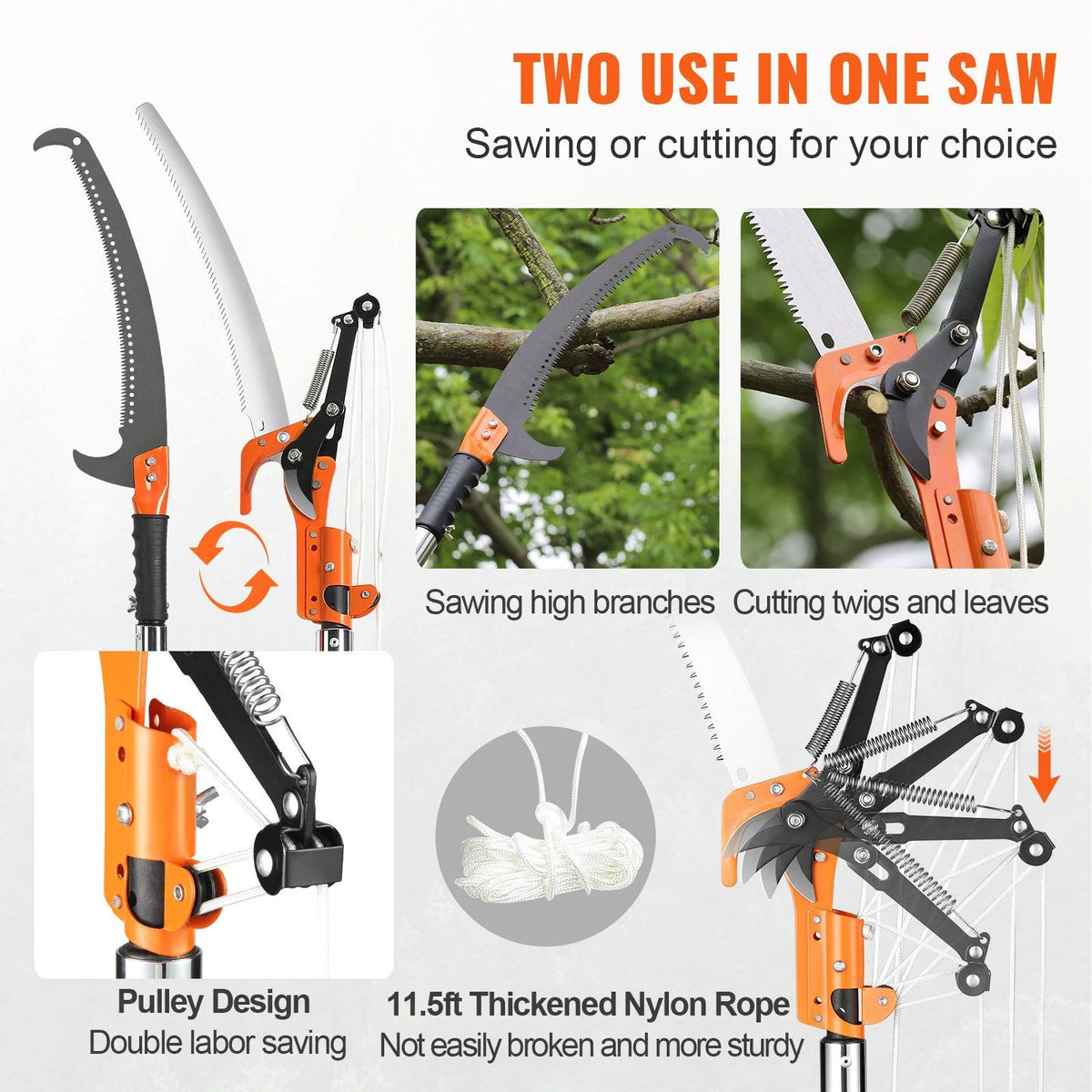 Extendable Manual Pole Saw 7.3-27 ft, Tree Pruner with Sharp Steel Blade and Scissors, Lightweight Fiberglass Pole for Trimming High Branches on Palms and Shrubs