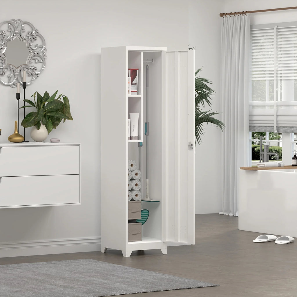 Marcree Slim Broom Storage Cabinet, Metal Cabinet with Shelves and Hanging Rod, 65" Utility Storage Cabinet with Locking Door, Tall Cleaning Storage Cabinet for Kitchen, Pantry, Office, Shop, Garage