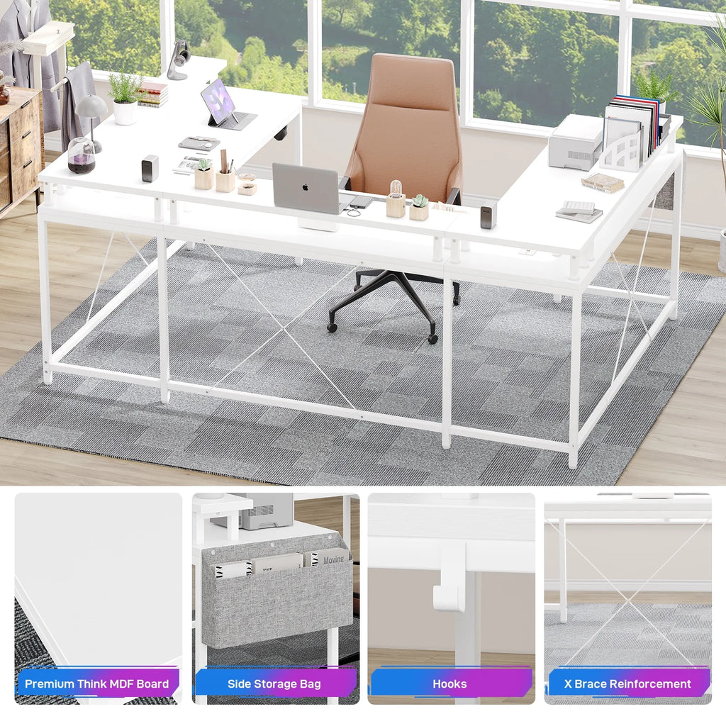 Yesfashion U Shaped Computer Gaming Desk, Reversible L Shaped Desk with Power Outlets, LED Strip & Monitor Stand, Large Corner Desk with Storage Shelves