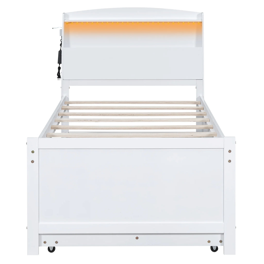 Euroco Wood Twin Size Platform Bed with Storage Headboard, Drawers Trundle and LED Light, White