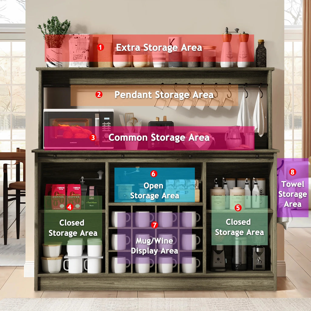 DreamCurship 55" Farmhouse Coffee Bar Cabinet, Buffet Sideboard Storage Cabinet, Wine Bar Cabinet with Wine Rack, White