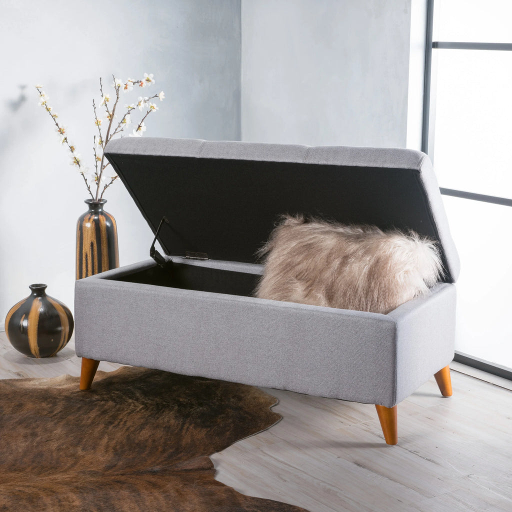 GDF Studio Valeno Mid Century Modern Fabric Tufted Storage Ottoman Bench, Light Gray and Light Brown