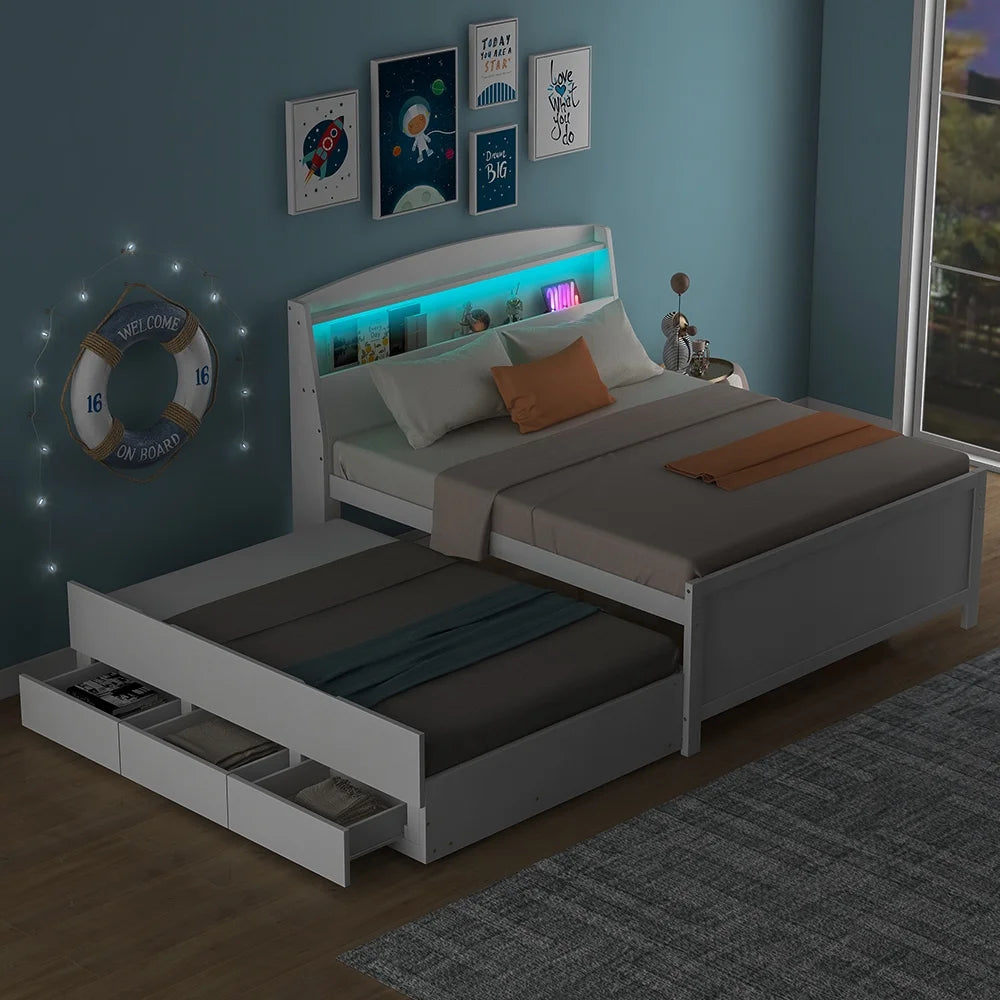 Euroco Wood Twin Size Platform Bed with Storage Headboard, Drawers Trundle and LED Light, White