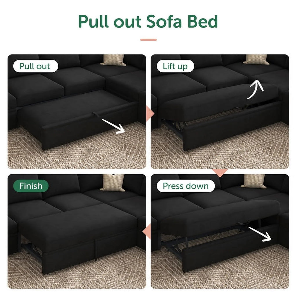 Honbay Convertible Velvet Sofa Bed with Pull-Out Couch Bed and Storage, Black