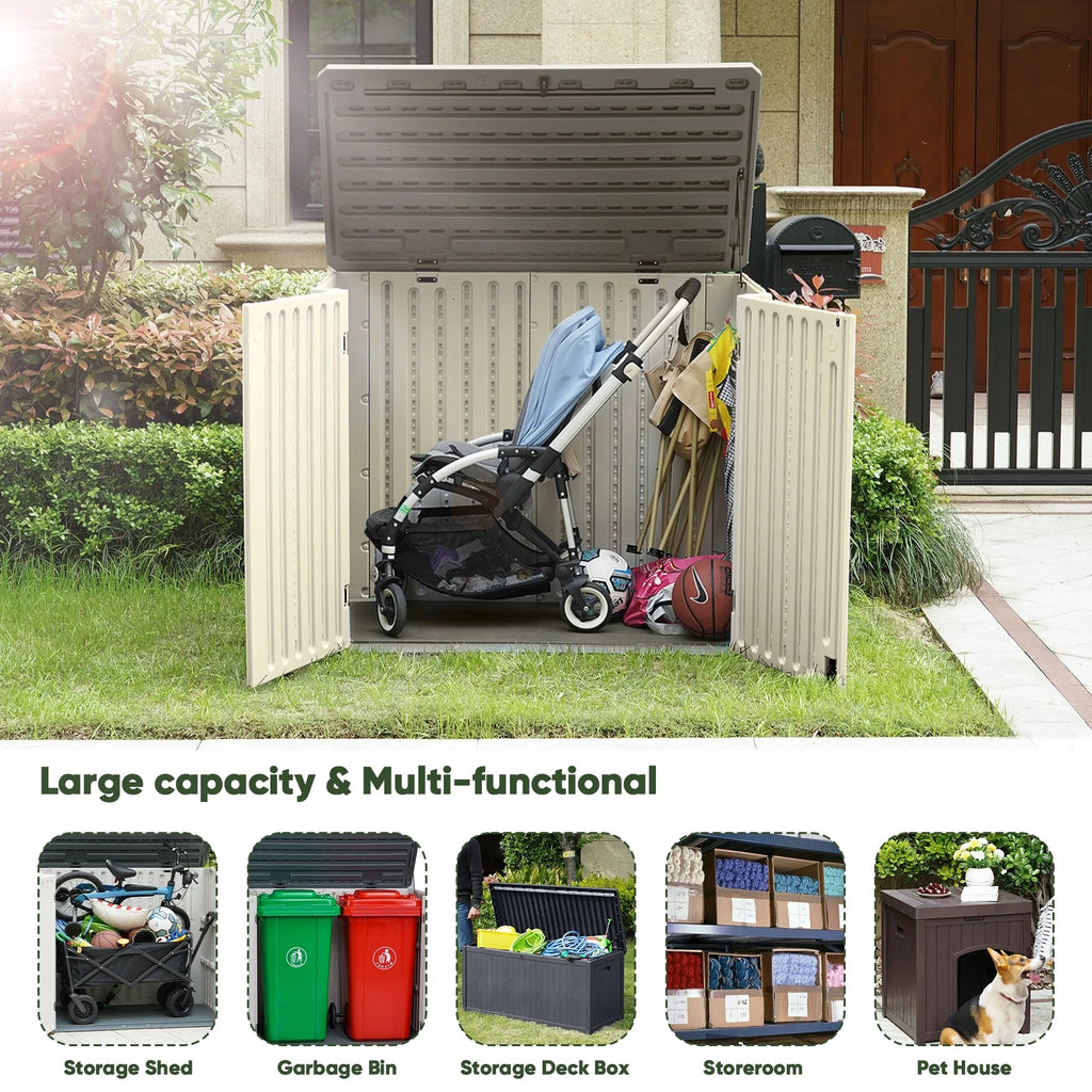 EHHLY Horizontal Resin Storage Shed, 47 Cuft Garden Tool Sheds & Outdoor Storage, Outdoor Plastic Storage Cabinet Waterproof, 4.5 x 2.8 ft Backyard Outside Lawn Mower Storage Shed, Vanilla