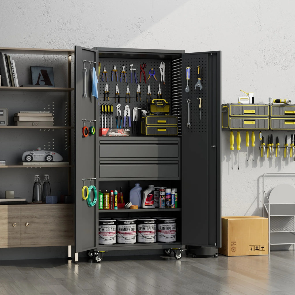 Aobabo Metal Storage Cabinet with Lock,Garage Storage Cabinet with Wheels,72In Steel Storage Cabinet for Garage Home Storage, Black Required-Assembly