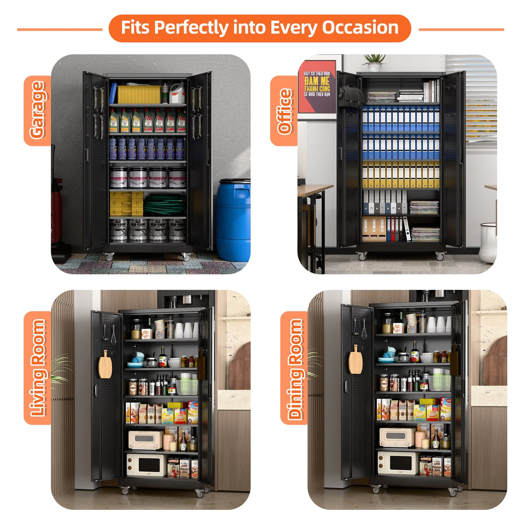 Supeer Locking Storage Cabinet with 5 Adjustable Shelves, Steel, Black, 71" H, Assemble Required