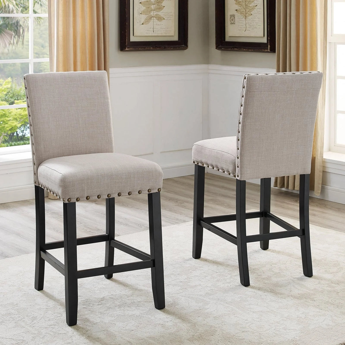 Roundhill Furniture Biony Fabric Nail Head Counter Height Stools, Tan