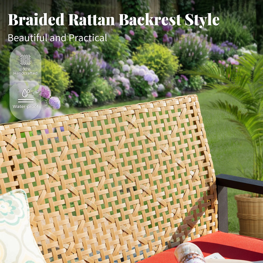 MF Studio 4-Piece All-Weather Rattan Patio Furniture Set, Outdoor Conversation Set with Wood Table, Brown and Beige
