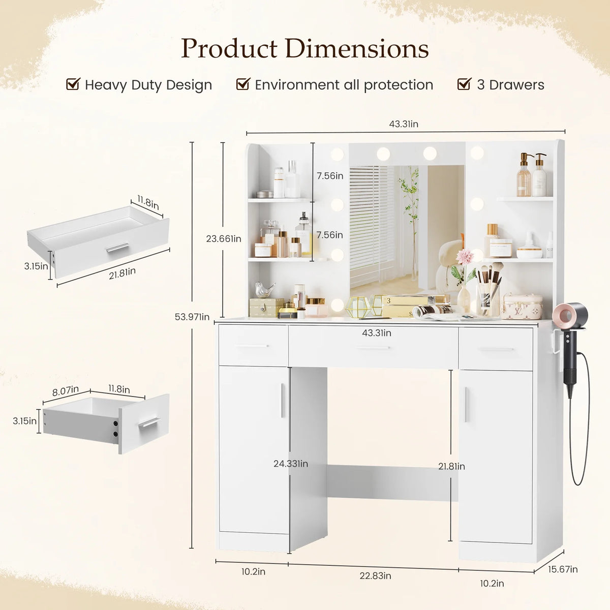 MCQ Dressing Table with Mirror and Light, Adjustable Brightness Dressing Table with Drawers and Storage Shelves, White