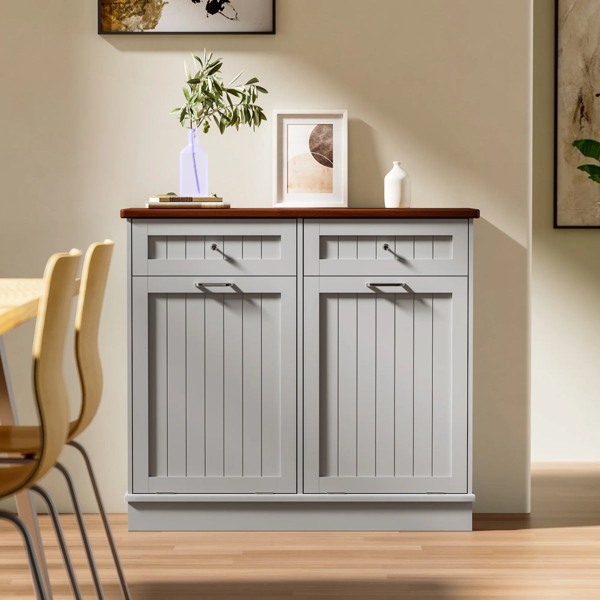 GETYES Double Tilt Out Trash Cabinet, Wooden Recycling Cabinet, 35.83 x 12.99 x 39.37 inches, White