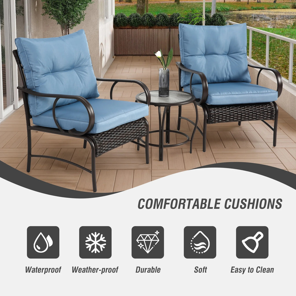Villeston 3 Piece Outdoor Wicker Conversation Patio Set, with 2 Chairs, Table for Porch Garden,Blue