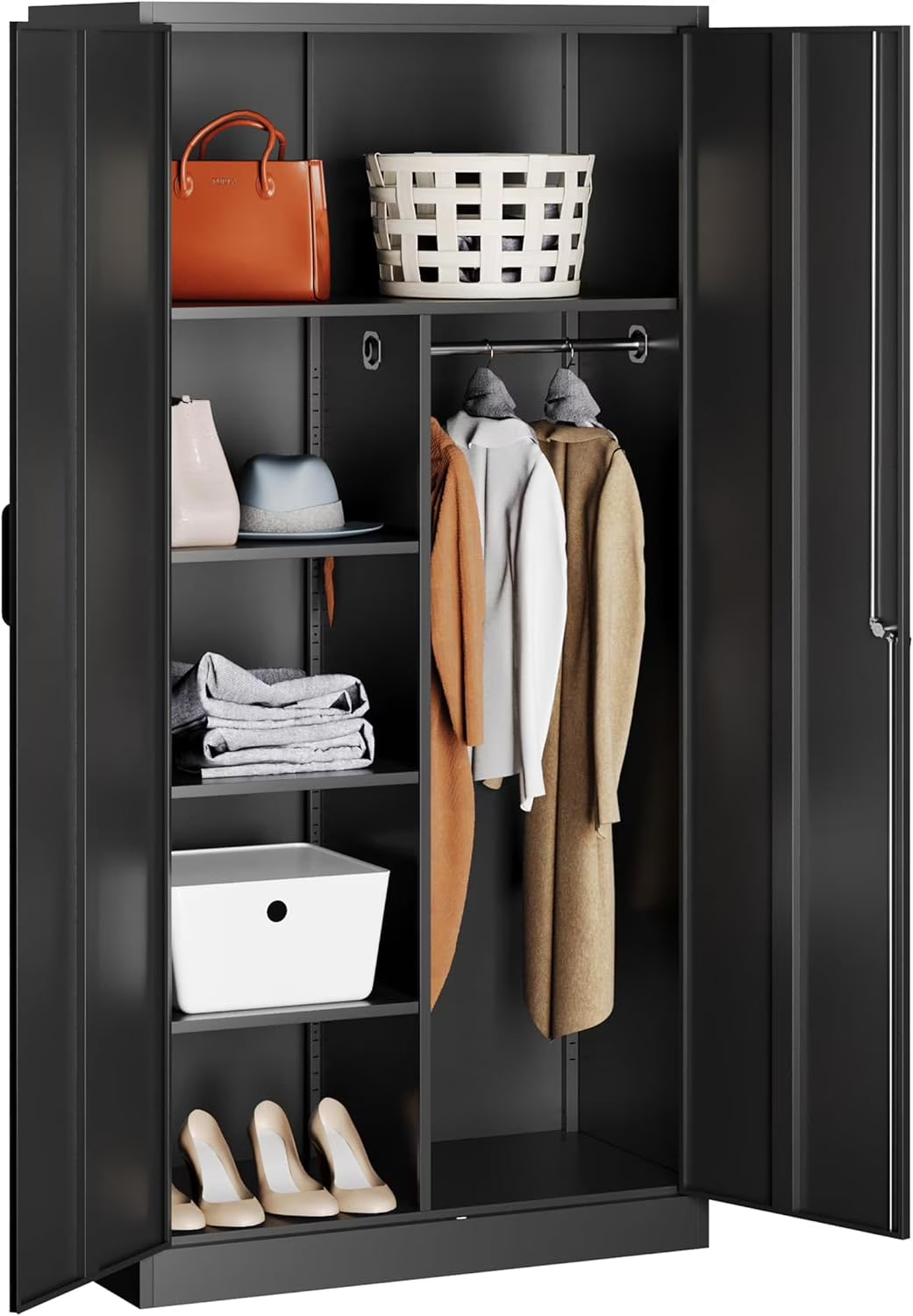 STANI Metal Locker Storage Cabinet, Employees Locker with Hanging Rod Bar, 71a?? Black Tall Steel Wardrobe for Home, School, Office (Assembly Required)
