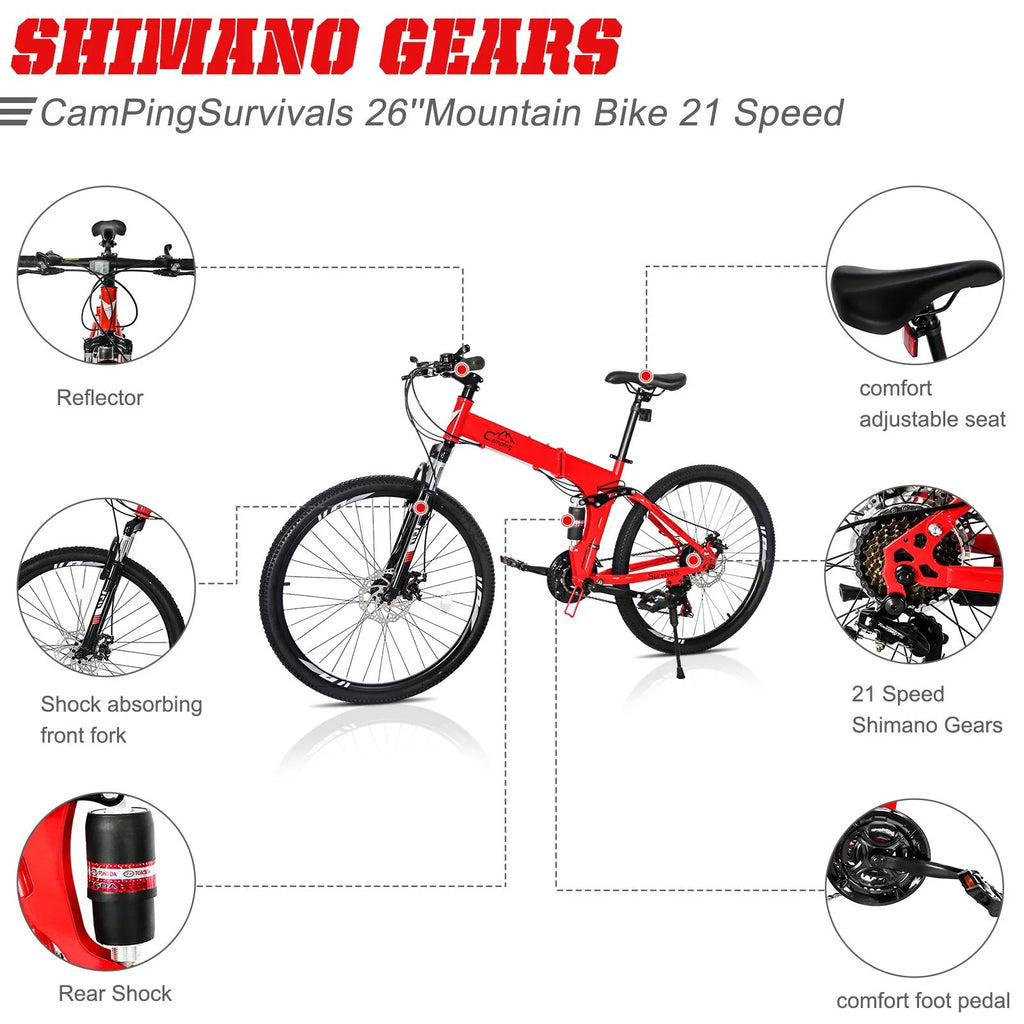 Ktaxon Folding 21 Shimano Speed 26" Wheel Riding Mountain Bike, Steel Frame Trail Road Bicycle, for Men and Women, Red