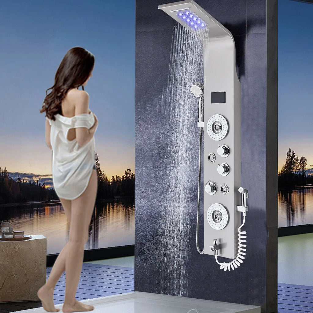 Shower Panel Tower System LED Rain&Waterfall Massage Jet Sprayer Stainless Steel
