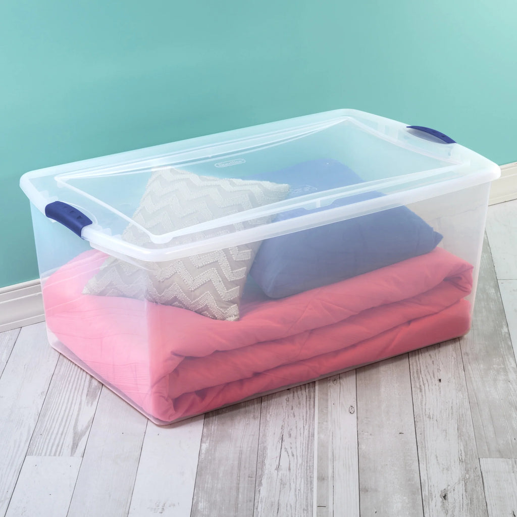 Sterilite 105 Quart Latch Box, Clear Plastic Storage Bin with Clear Lid, Blue, 4 Count