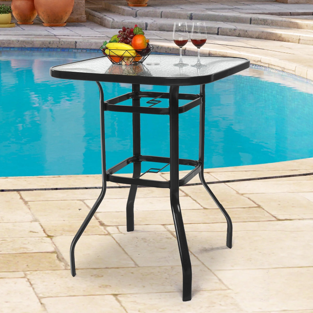 IVV Outdoor Patio Bar Height Bistro Table w/ Tempered Glass Top & 1.8" Umbrella Hole & Metal Frame, 31.5"L x 31.5"W x 39.8"H, Black & Clear