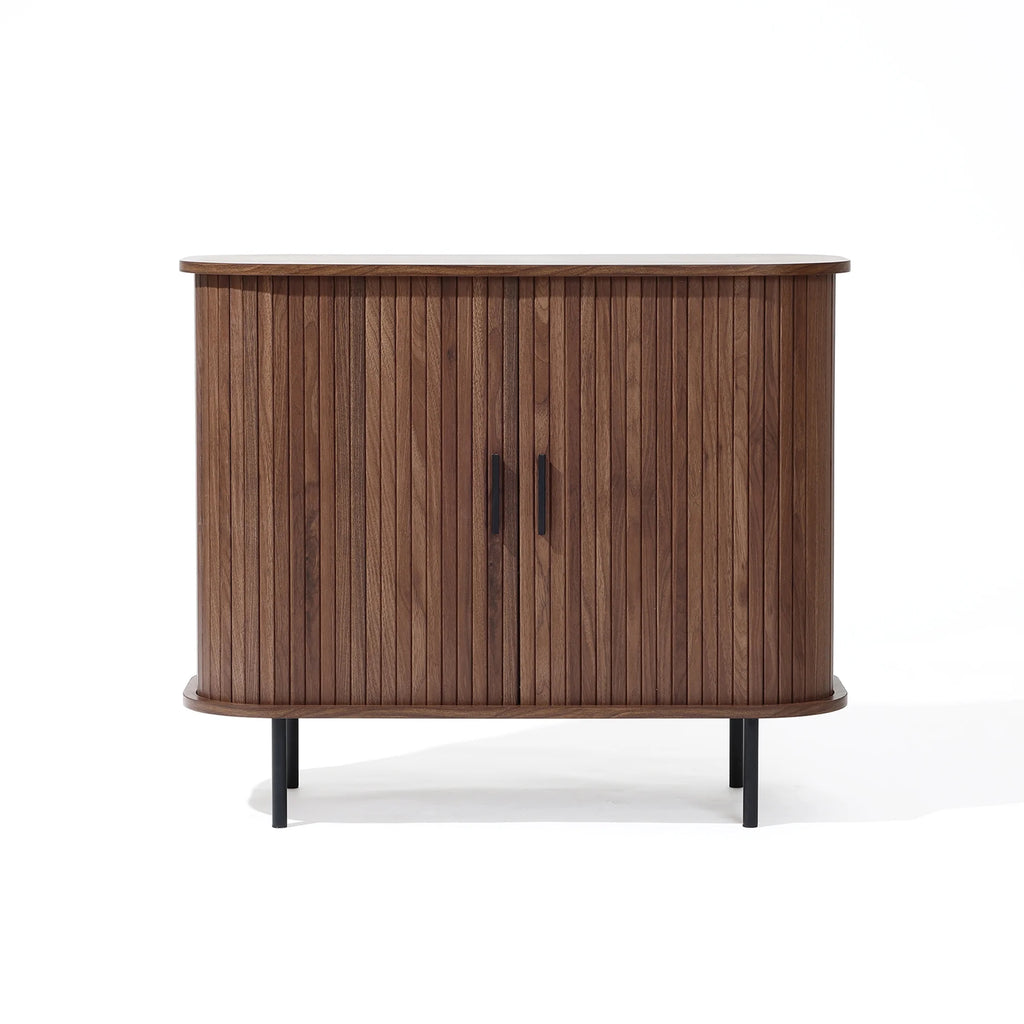 LuxenHome 35" Mid Century Modern Accent Cabinet, Small Buffet Cabinet with Sliding Door, Oak