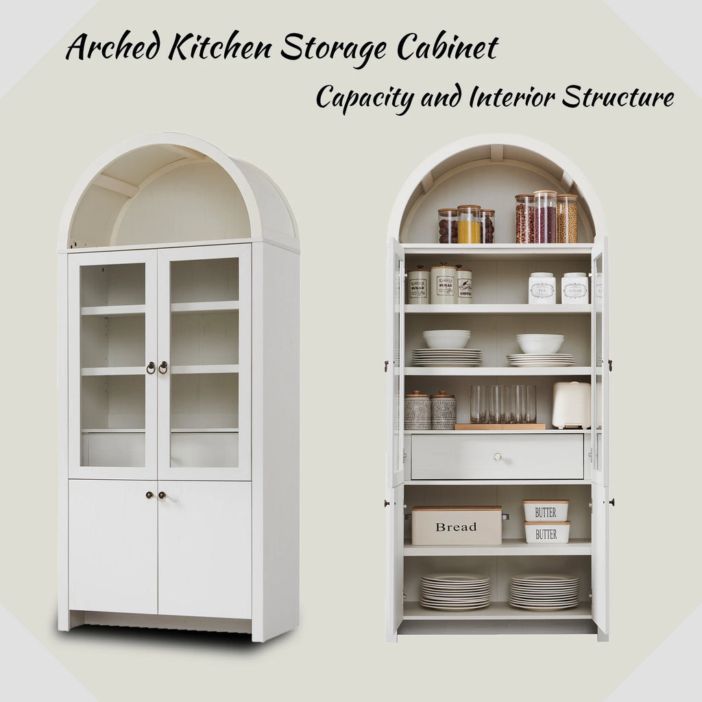 SinCiDo Arched Kitchen Pantry Storage Cabinet, 71-Inch Tall Wood Adjustable Shelves, 2 Doors, 2 Drawers